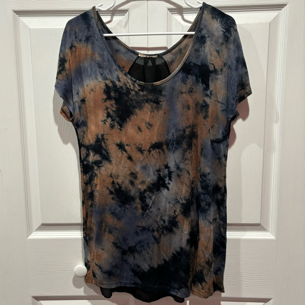 ONE WORLD Women’s Tie Dye Mesh Blouse Top Shirt - navy/brown, size M